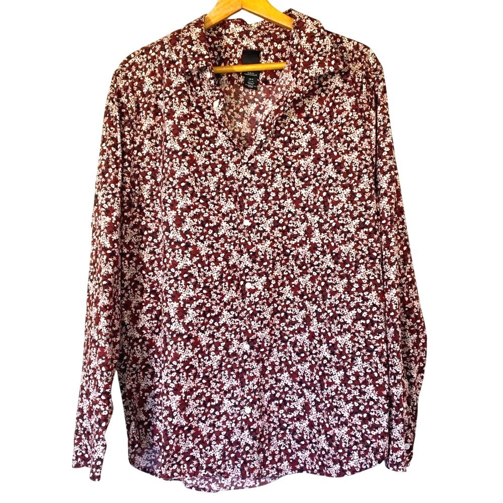 H&M Slim Fit Micro Floral Button Down Shirt XL Burgundy Black White